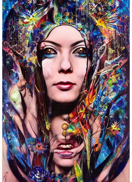 Prompt: collage of gorgeous magic cult psychic woman smiling, third eye, energetic consciousness psychedelic, epic surrealism expressionism symbolism, story telling, iconic, dark robed, oil painting, symmetrical face, dark myth mythos, by Sandra Chevrier Noriyoshi Ohrai masterpiece