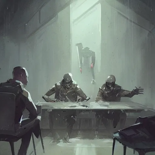 Image similar to concept art by greg rutkowski, a very tall, slender man sitting with a group of people using a desk as a makeshift dining table, inside a futuristic police station converted as a shelter, low lighting, depressing atmosphere, scifi, digital painting, artstation, concept art, smooth, sharp foccus ilustration, artstation hq