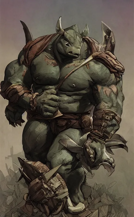 Image similar to rocksteady from tmnt, rhino, rugged, handsome, male, detailed face, clean lines, atmospheric lighting, amazing, full body, thighs, flowers, muscular, intricate, highly detailed, digital painting, deviantart, concept art, sharp focus, illustration, art by greg rutkowski and alphonse mucha