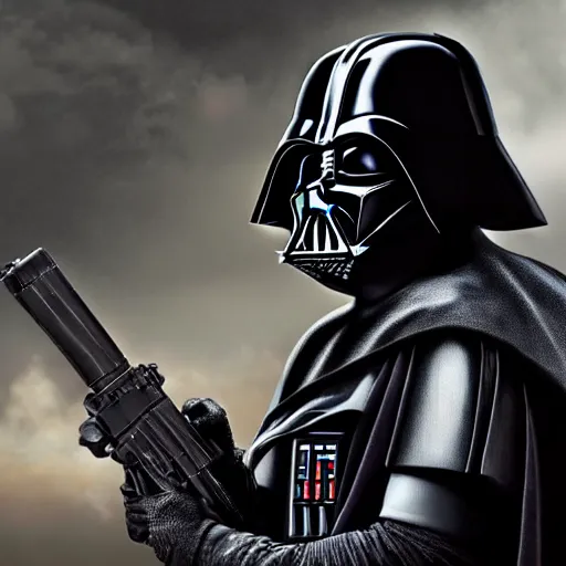 Image similar to hyperrealistic portrait of gothic cyberpunk darth vader holding a machine gun, 4 k, highly detailed, beautifully rendered