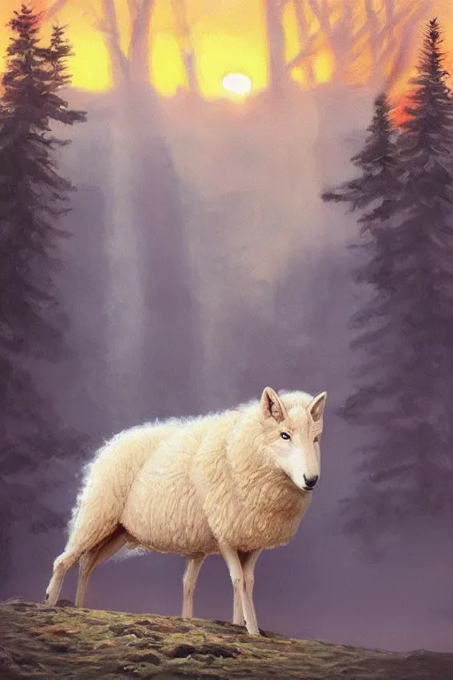 Image similar to sheep wolf, oil paintig, artstation, concept art, national geographics, golden hour, beautiful, 6 0 0 mm