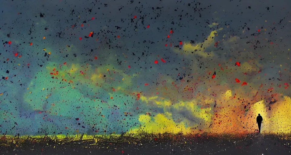 Prompt: a man walking away, tornado, splatter paint, panorama, warm color palette, backlight, by tony diterlizzi