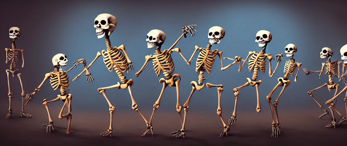 Prompt: hyperrealistic very cute milticolored medieval skeletons dancing jason limon concept art dramatic blue lighting wide angle hd 8k sharp shallow depth of field