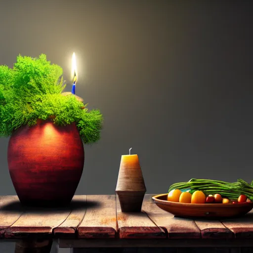 Image similar to a large vase on top of a antique wooden table, vegetables on table and candle, medieval concept art, cinematic lightning and colors, vray tracing, rendered in unreal engine, dark lightning, contrast shadows