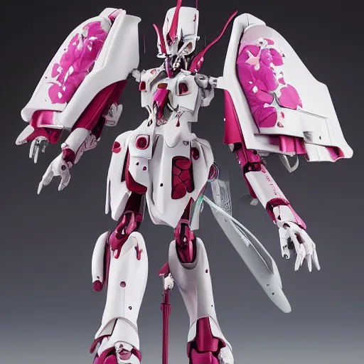 Prompt: futuristic lamprocapnos spectabilis mecha bleeding heart body, sepals forming helmet, floral details, lamprocapnos, 8 k hd resolution, barbatos gundam with floral inlay, bandai box art, star wars, makoto kobayashi, frank gehry, raymond swanland