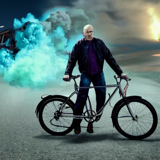 Image similar to photo of walter white riding a bike with an exploding building behind him, color, cinematic lighting