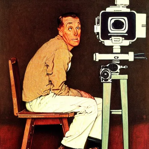 Image similar to norman rockwell painting of a man holding a large television - video - camera