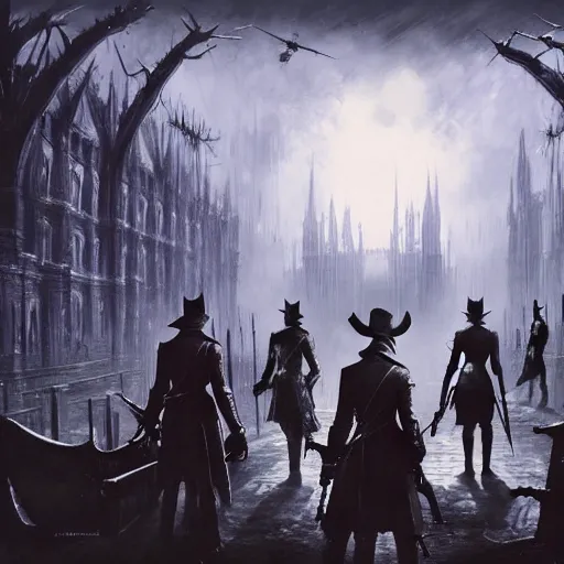Prompt: a group of hunter from bloodborne sitting next to each other in a room, retrofuturism, concept art by yoshiyuki tomino, behance contest winner, toonami, redshift, official art