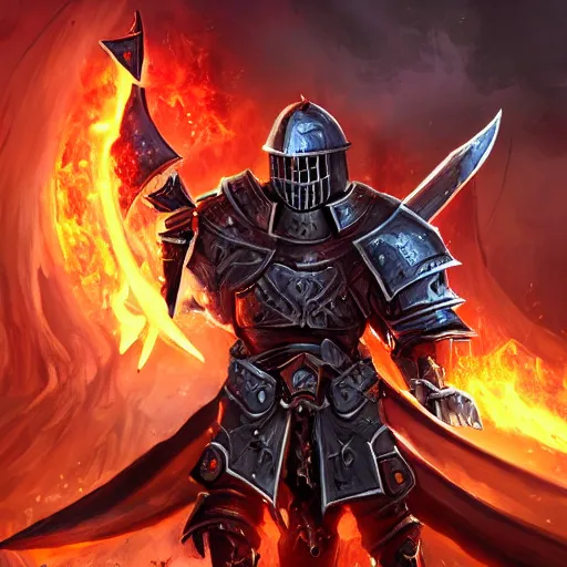 Image similar to Ares with heavy armor and sword, heavy knight helmet, dark sword in Ares's hand, war theme, bloodbath battlefield backgroubd, fiery battle coloring, hearthstone art style, epic fantasy style art, fantasy epic digital art, epic fantasy card game art