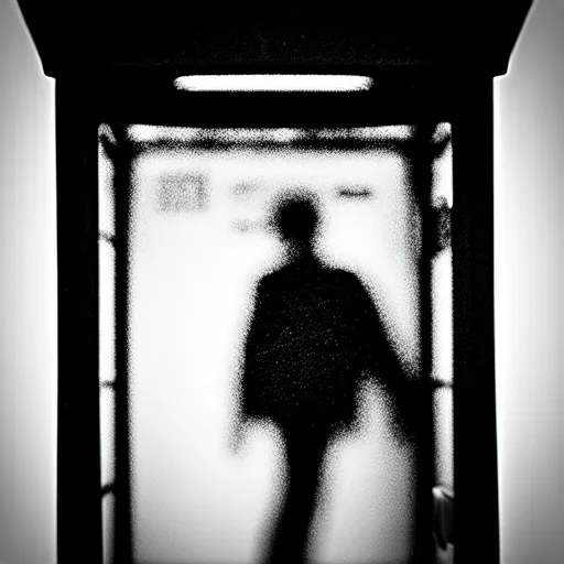 Image similar to “ grainy black and white photograph of a mysterious figure in a phone booth, vignette, film grain, foggy ”