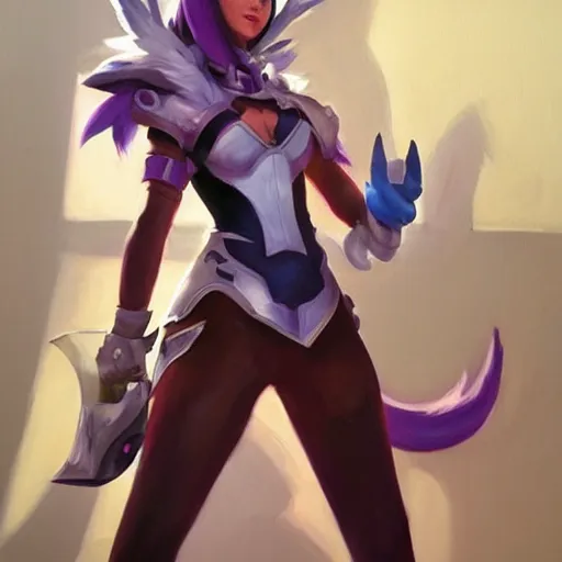 Image similar to greg manchess portrait painting of partially armored ahri from league of legends as overwatch character, medium shot, asymmetrical, profile picture, ambient occlusion, organic painting, sunny day, matte painting, bold shapes, hard edges, street art