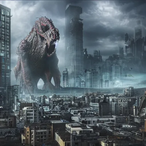 Image similar to giant creepy monster destroying city, high details, 8k, sharp, realistic