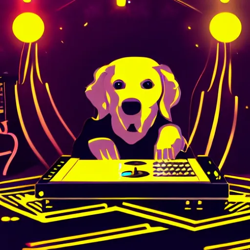 Prompt: a DJ golden Retriever playing at a nightclub, illustration