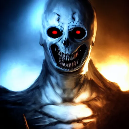 Image similar to photorealistic dark fantasy concept art of nightmare sans with his eye glowing, dynamic lighting, stunning visuals, ray tracing, beautiful scenery, cinematic, full body portrait, ultra detailed, hyper detail, stunning detail