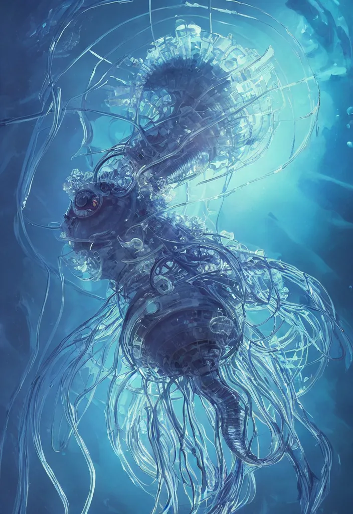 Image similar to Panorama hyper detailed painting of a cyberpunk jellyfish, blue tones, underwater, 8 mm, highly detailed, digital painting, artstation, concept art, smooth, sharp focus, illustration, art by artgerm and greg rutkowski and alphonse mucha