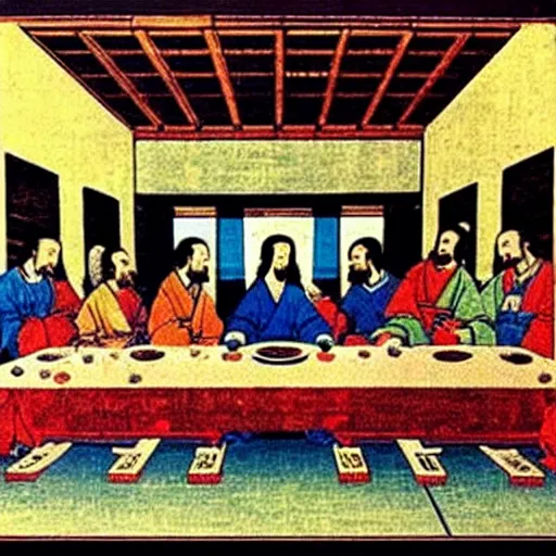 Image similar to “A old Japanese woodblock style painting of The Last Supper by Leonardo da Vinci”