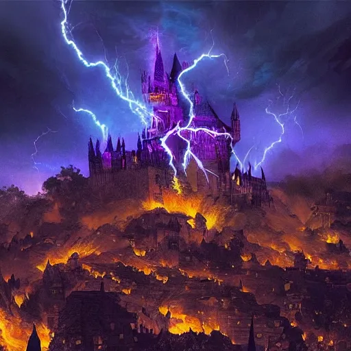 Image similar to A photo of a million sorcerers holding torches attacking magic castle under siege, fire from sky, blue lightnings, dramatic purple thunders, golden meteors, war, dramatic shadows, powerful photo, magic, dramatic lighting, intricate, wild, highly detailed, digital painting, artstation, concept art, smooth, sharp focus, illustration, art by artgerm and greg rutkowski and alphonse mucha, footage