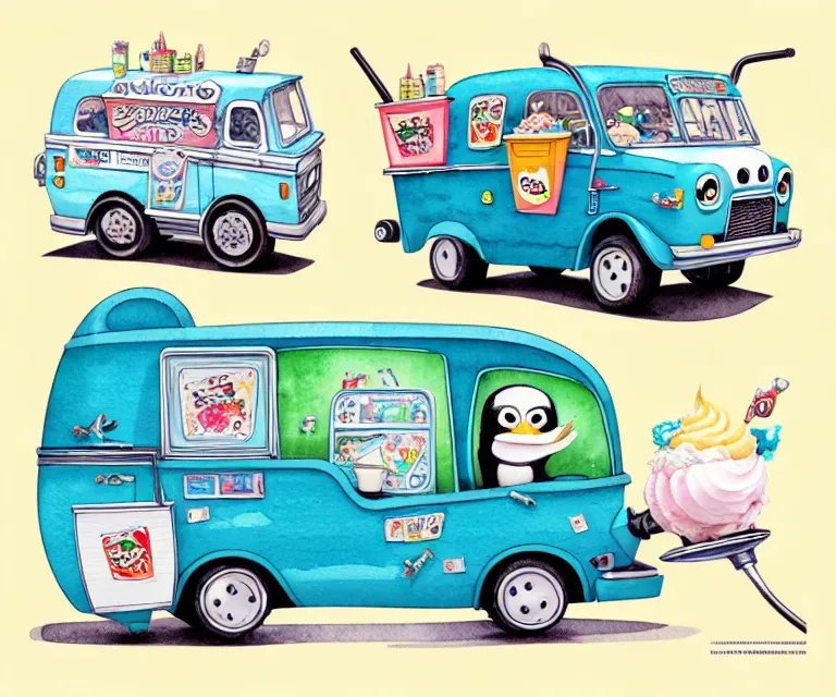 Image similar to cute and funny, penguin riding in a tiny ice cream truck with an oversized engine, ratfink style by ed roth, centered award winning watercolor pen illustration, isometric illustration by chihiro iwasaki, edited by range murata, tiny details by artgerm and watercolor girl, symmetrically isometrically centered, sharply focused