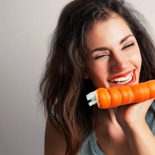 Image similar to woman with carrots instead of teeth, toothbrush advertisement