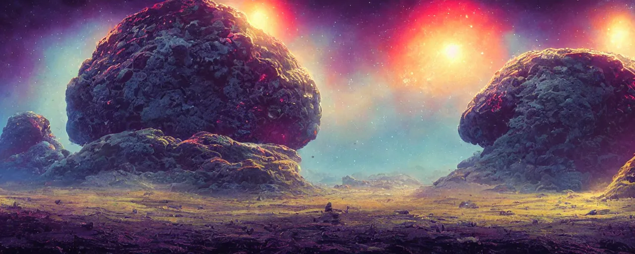 Image similar to ” barren asteroid, [ cinematic, detailed, epic, widescreen, opening, establishing, mattepainting, photorealistic, realistic textures, octane render, art by paul lehr ] ”