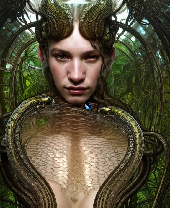 Image similar to intricate ornate opulent transparent clear see - through portrait of a horrific beautiful male human wolf snake, adorable, childlike, overgrown biopunk jungle environment, ultra realistic, concept art, art nouveau, photorealistic, octane render, 8 k, unreal engine. art by christopher marley and artgerm and greg rutkowski and alphonse mucha