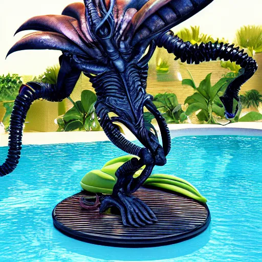 Image similar to xenomorph chilling on a sunbed near a pool drinking mojito, photorealistic, trending on artstation, hyper detailed, 8 k