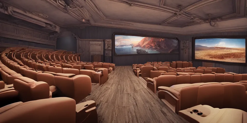 Prompt: view inside from a bioscope cinema hall, unreal 5, hyperrealistic, realistic, photorealistic, dynamic lighting, highly detailed, cinematic landscape, studio landscape, studio lighting