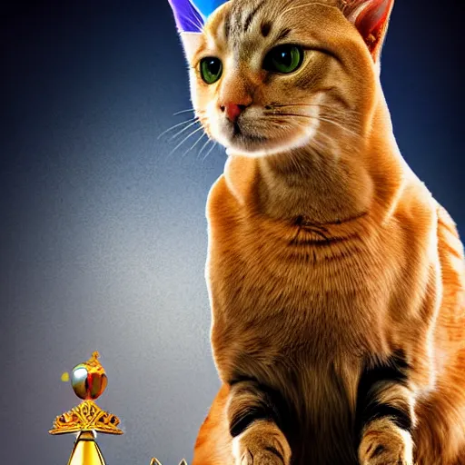 Prompt: regal queen cat with crown sitting atop pyramid overlooking her human subjects, photo realistic, grandiose, highly detailed