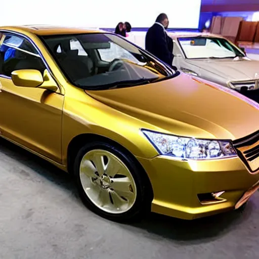 Image similar to A 24 karat gold Honda Accord on display at an auction.