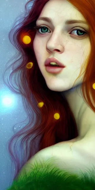 Image similar to infp young woman, smiling amazed, golden fireflies lights, amidst of nature fully covered, long red hair, intricate linework, accurate green eyes, small nose with freckles, oval shape face, realistic, expressive emotions, dramatic lights mystical scene, hyper realistic ultrafine art by artemisia gentileschi, caravaggio, jessica rossier, boris vallejo