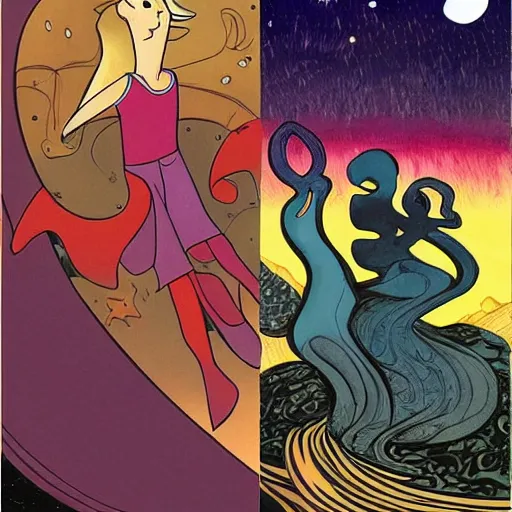 Prompt: hanna barbera by ryan ottley, by luigi loir lush, meticulous. a beautiful art installation of a woman with long flowing hair, wild animals, & a dark, starry night sky.