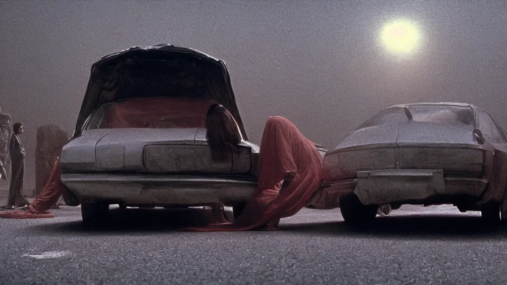 Prompt: the hip creature under the car, film still from the movie directed by denis villeneuve and david cronenberg with art direction by salvador dali and zdzisław beksinski, wide lens