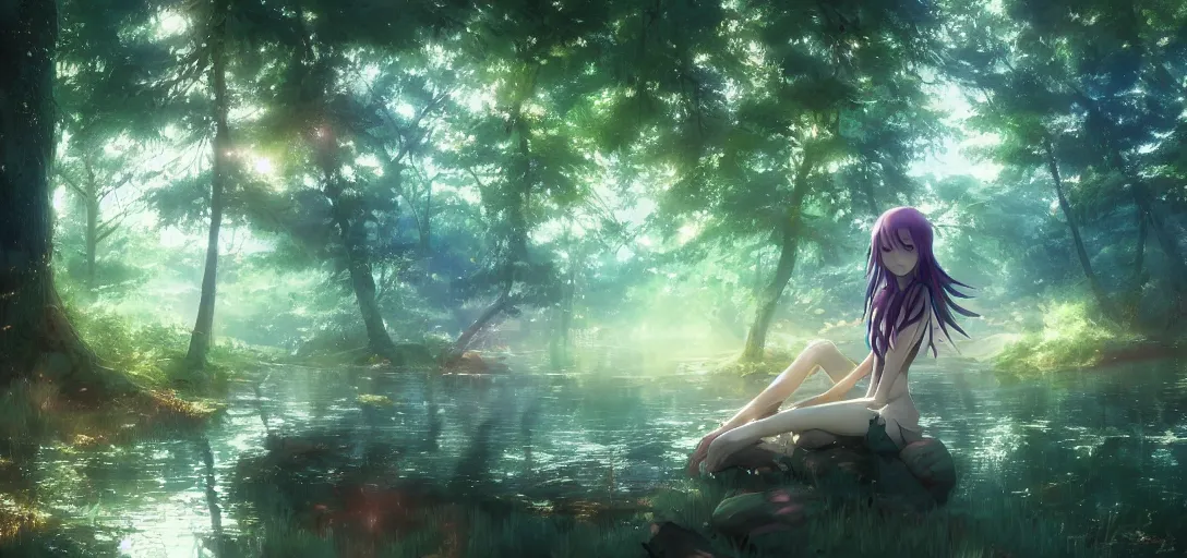 Image similar to anime forest and river, magical, mythical, ethereal, hyper realistic, straight lines 8k hdr pixiv dslr photo by Makoto Shinkai ilya kuvshinov and Wojtek Fus, digital art, concept art,