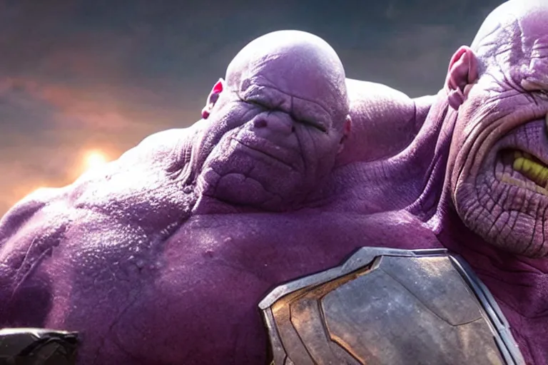 Prompt: promotional image of bald Bryan Cranston as Thanos in Avengers: Endgame (2019), purple skin color, dynamic action shot, laughing, movie still frame, promotional image, imax 70 mm footage