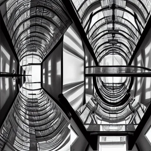 Image similar to model, hallways and stairwells and mirrors, warped dperceptions, similar to relativity by m. c. escher