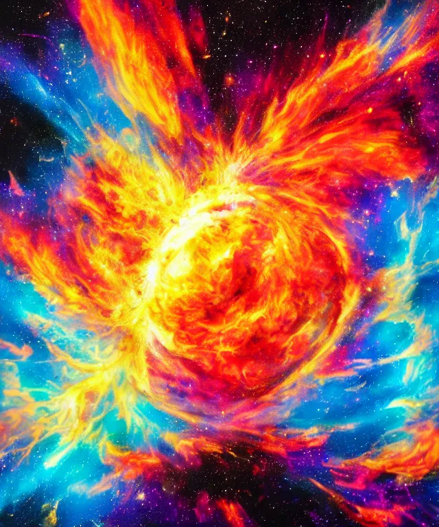 Image similar to blackhole, sun burst, space, bright colors, painting, rule of thirds, phoenix flames, nebula clouds, soft tones