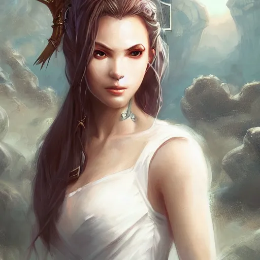 Image similar to A portrait of a female sorceress in a white dress, art by artgerm and greg rutkowski, matte painting, trending on artstation, very detailed
