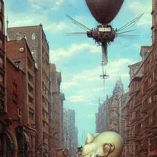 Image similar to a hyperrealistic painting of a steampunk airship pilot standing in the street of a bustling city, blue skies, by john kenn mortensen and zdzislaw beksinski, highly detailed, vivid color,