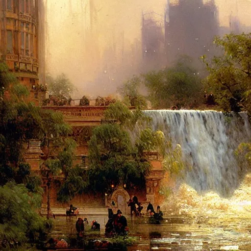 Image similar to waterfall flooding an entire city. victorian age. highly detailed painting by gaston bussiere, craig mullins, j. c. leyendecker