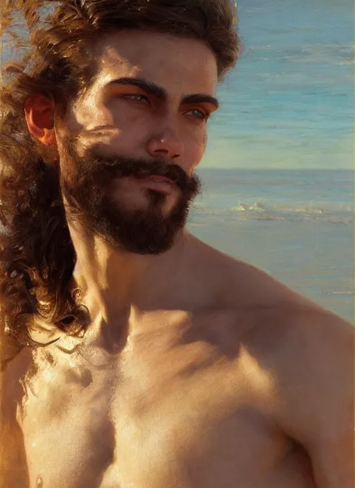 Prompt: detailed cinematic wide shot of muscular attractive young latino man beard slim face symmetrical face tanskin green eyes white hair wearing sea clothes, ultra realistic, spring light, painting by gaston bussiere, craig mullins, j. c. leyendecker