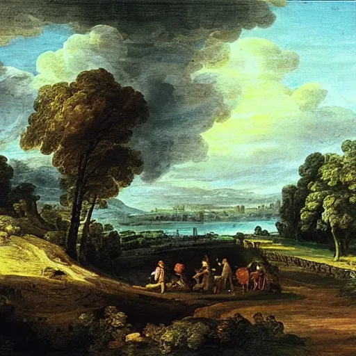 Image similar to landscape painting by nicholas pussin, thomas gainsborough, claude lorrain, dramatic, cinematic, picturesque, beautiful, grandiose, serene