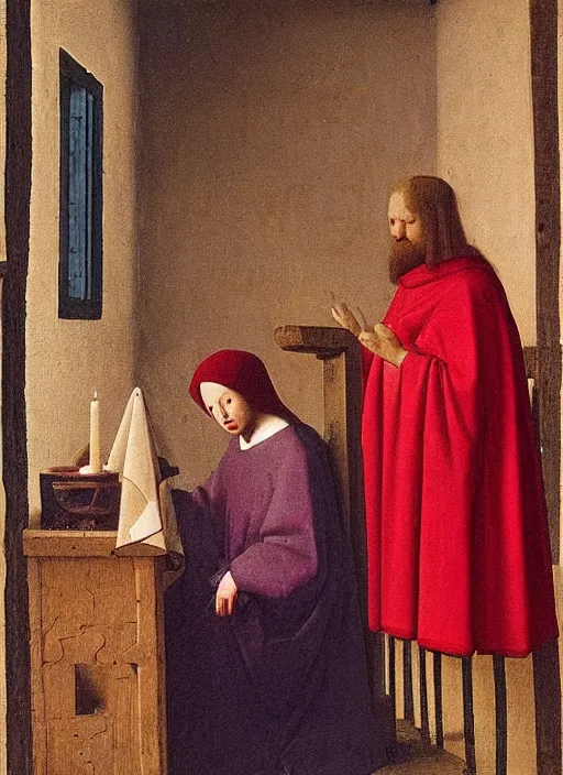 Image similar to red candle, medieval painting by jan van eyck, johannes vermeer, florence