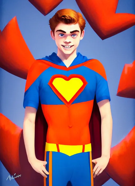 Image similar to friendly teenage archie andrews wearing an orange superhero costume with heart logo, heart, freckles, blue cape, heart emblem on chest, blue cape, intricate, elegant, glowing lights, highly detailed, digital painting, artstation, sharp focus, illustration, art by wlop, mars ravelo and greg rutkowski