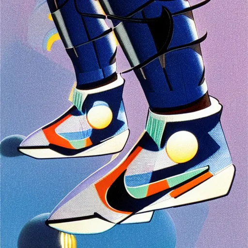 Image similar to retro futuristic Nike Space Hippie sneakers by syd mead, knitted mesh material, matte painting, geometric shapes