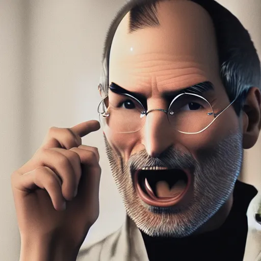 Prompt: steve jobs yelling at an employee, 30mm photography, gta artstyle, wide shot, dramatic lighting, octane render, hyperrealistic, high quality, highly detailed, artstation, HD, beautiful, cinematic, 8k, unreal engine, facial accuracy, symmetrical