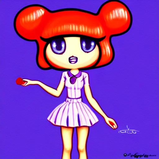 Prompt: the coke logo personified as a cute sprite themed cartoon girl in the style of lavender towne, margaret keane style, large dark eyes, extremely detailed and colorful eyes, digital art, deviant art, soda themed girl, hyper detailed eyes, money sign pupils