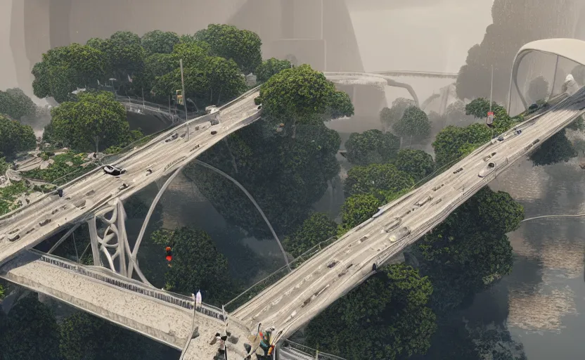 Image similar to a big beautiful bridge collapses after explosions in the form of white cotton plants, 3 d octane render, epic lighting, 8 k, by goro fujita