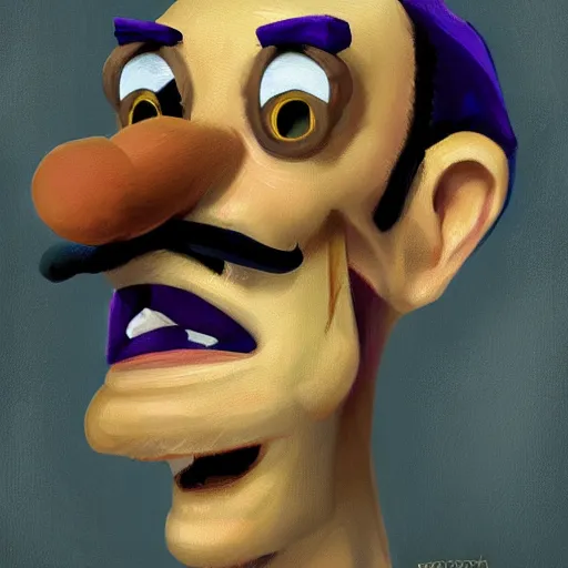 Image similar to portrait painting waluigi, silly, angry, rolling his eyes, painted by greg rutkowski,