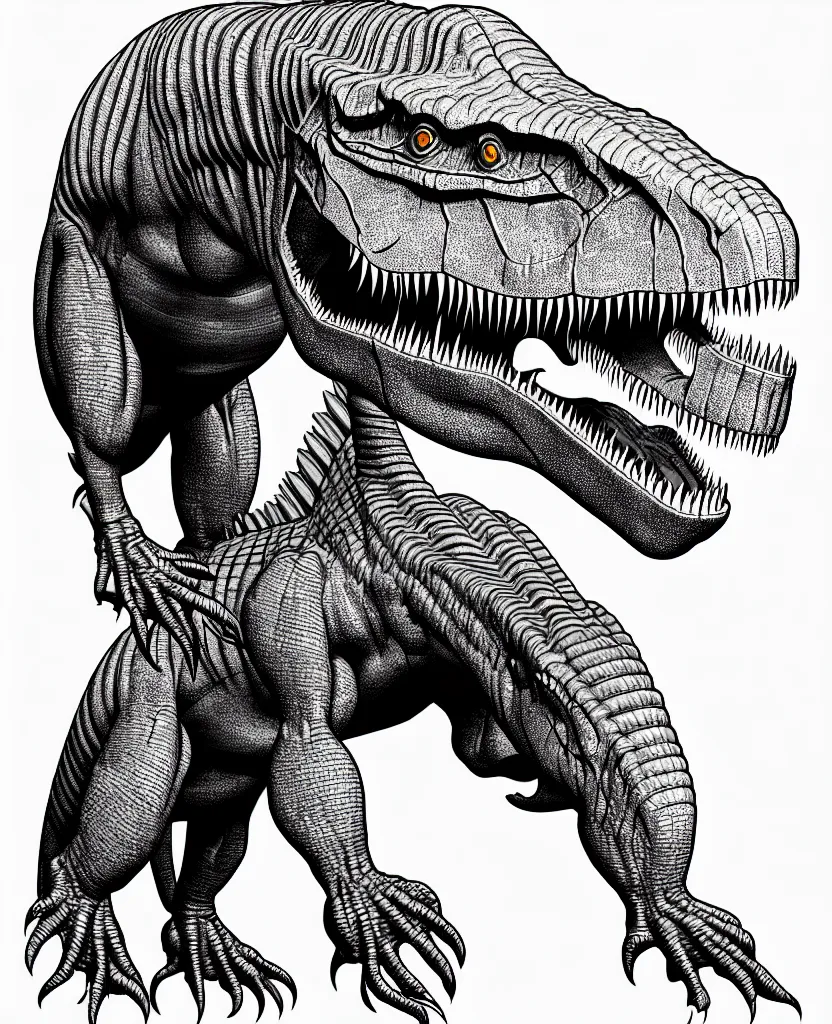 Image similar to tyrannosaurus rex, symmetrical, accurate, simple clean lines, black and white, coloring book, comic book, graphic art, line art, vector art, by martina matteucci, pavel shvedov, peter lundqvist, diane ramic, christina kritkou, artstation