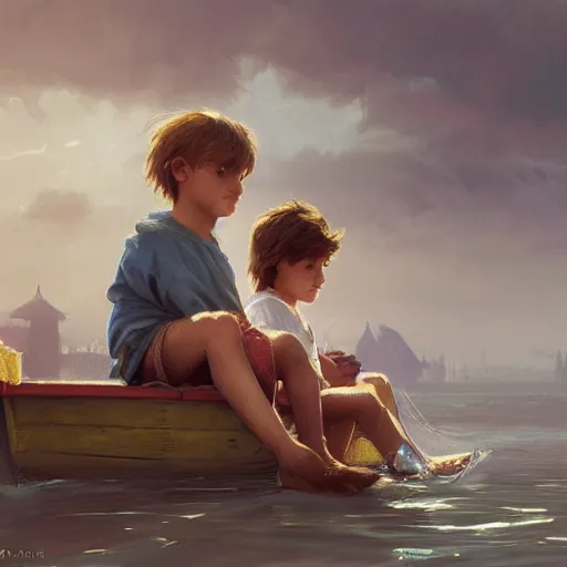 Image similar to 2 children sitting on a boat a boy and a girl a boy has brown hair messy while the girl has blonde straight hair digital painting, artstation, concept art, soft light, hdri, smooth, sharp focus, illustration, fantasy, intricate, elegant, highly detailed, D&D, matte painting, in the style of Greg Rutkowski and Alphonse Mucha and artemisia, 8k, highly detailed, jurgens, rutkowski, bouguereau, pastoral, rustic, georgic